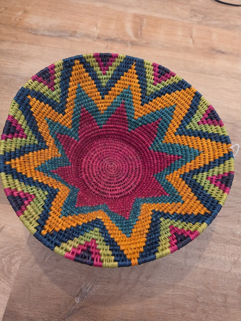Handwoven Artisan Decorative Basket Vibrant Geometric Zigzag Patterns